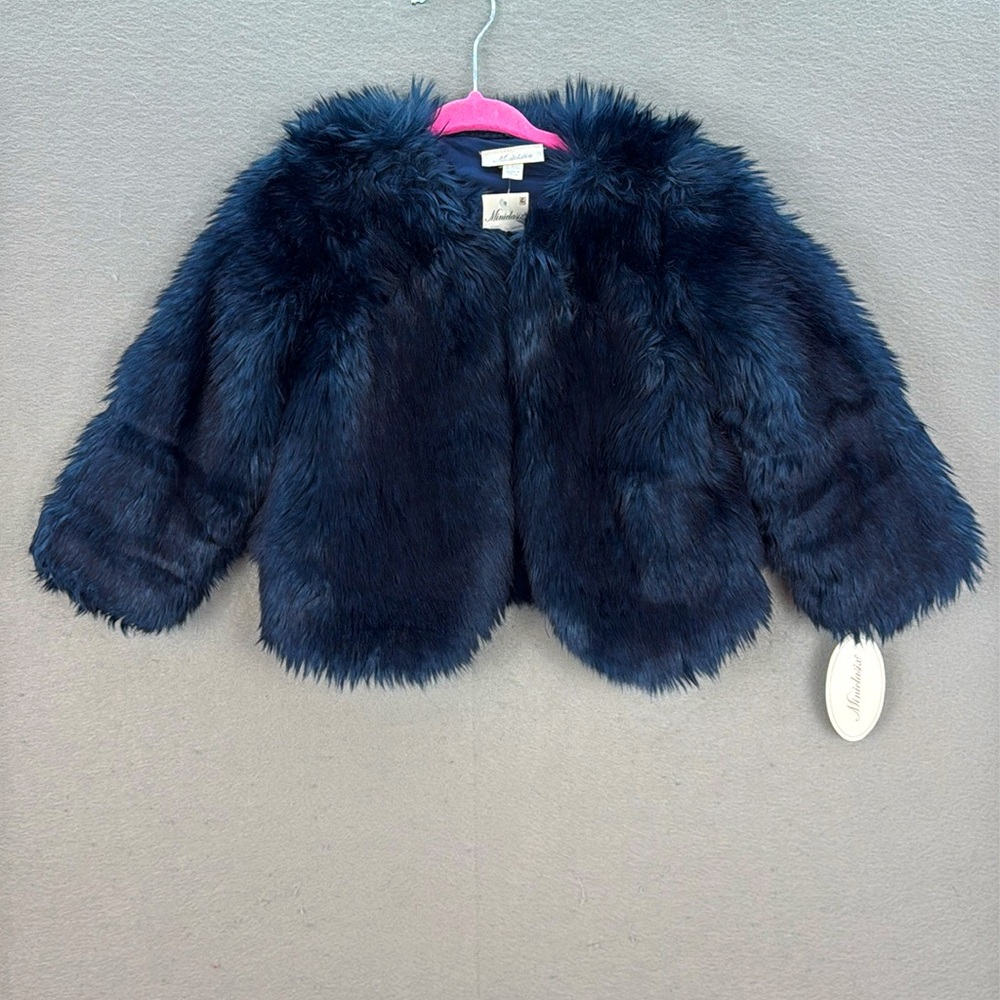 Miniclasix - NWT baby girl navy blue faux‎ fur jacket fuzzy coat size 12-18 M